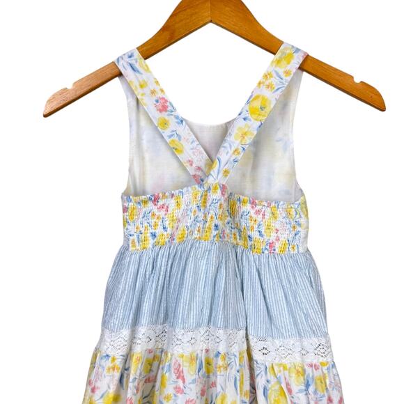 Tommy Bahama Girls Youth Seersucker Stripe Lace Yellow Pink Floral Tiered Dress - Picture 4 of 7